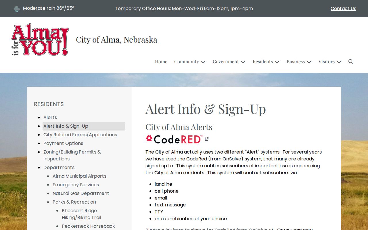 Alma AlertSense sign-up page for weather and emergency notifications